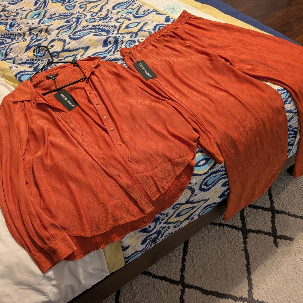 Modern Works Rust Orange Button-Up Blouse & Wide Leg Pants Set